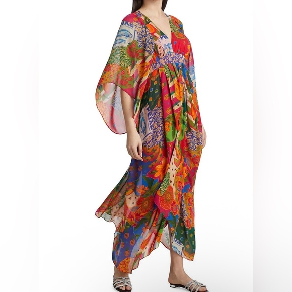 Farm Rio Sunny Mix Chiffon Midi Dress Small Floral Patchwork - Picture 3 of 8